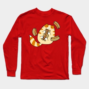 Tabby Cat Eating Hotdogs Long Sleeve T-Shirt